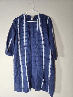 Chico's Blue and White Tie-Dye Lightweight Open Cardigan